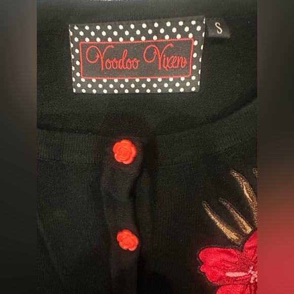 Voodoo Vixen Black Tiki Cardigan with Red Floral Embroidery - Picture 8 of 16